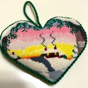 Finished! Heirloom handmade needlepoint heart shaped ornament - Home in the Snow